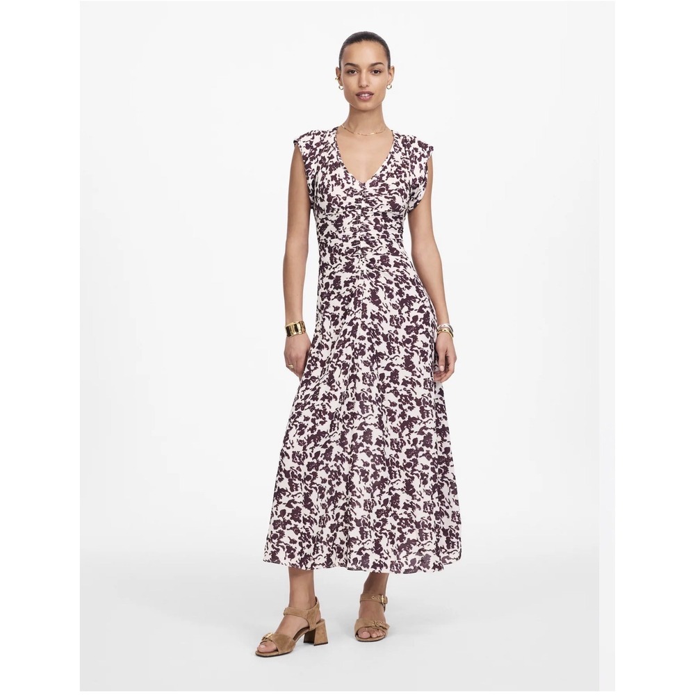 Madewell Ruched Flutter Sleeve Midi Dress Chocolate Raisin Floral Size 00 NWT